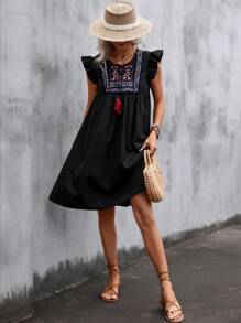 SHEIN LUNE Đầm Thêu mép Xù Hình học Bộ lạc Boho - màu đen - Xem 4