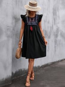 SHEIN LUNE Đầm Thêu mép Xù Hình học Bộ lạc Boho - màu đen - Xem 5