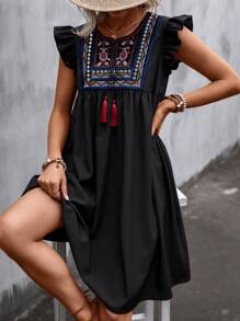 SHEIN LUNE Đầm Thêu mép Xù Hình học Bộ lạc Boho - màu đen - Xem 6