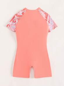 Tween Girl Floral Print Zipper Front One Piece Swimsuit - Coral Orange - View 2