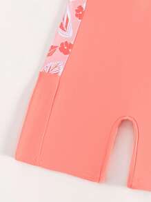 Tween Girl Floral Print Zipper Front One Piece Swimsuit - Coral Orange - View 4