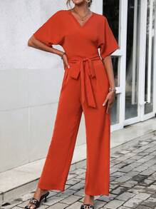 SHEIN LUNE 素色蝙蝠袖腰帶襯衫和褲子 - 橘色 - 查看 1