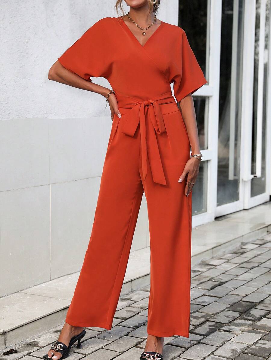 SHEIN LUNE 素色蝙蝠袖腰帶襯衫和褲子 - 橘色 - 查看 1