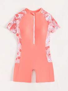 Tween Girl Floral Print Zipper Front One Piece Swimsuit - Coral Orange - View 5