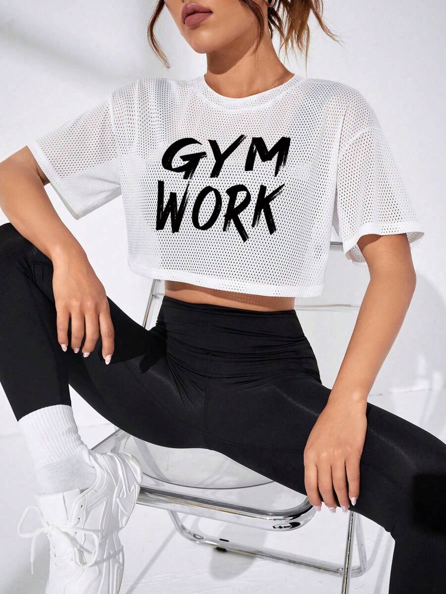 Gameset SHEIN Sport 纯色对比网眼运动T恤健身背心健身房女式衬衫 - 白色 - 查看 1