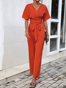 SHEIN LUNE 素色蝙蝠袖腰帶襯衫和褲子 - 橘色 - 查看 3