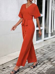 SHEIN LUNE 素色蝙蝠袖腰帶襯衫和褲子 - 橘色 - 查看 4