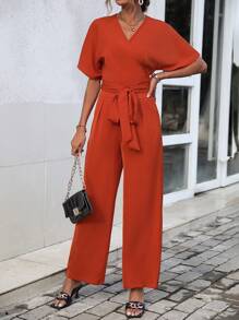 SHEIN LUNE 素色蝙蝠袖腰帶襯衫和褲子 - 橘色 - 查看 5