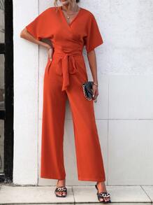 SHEIN LUNE 素色蝙蝠袖腰帶襯衫和褲子 - 橘色 - 查看 6