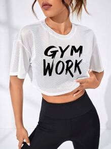 Gameset SHEIN Sport 纯色对比网眼运动T恤健身背心健身房女式衬衫 - 白色 - 查看 5