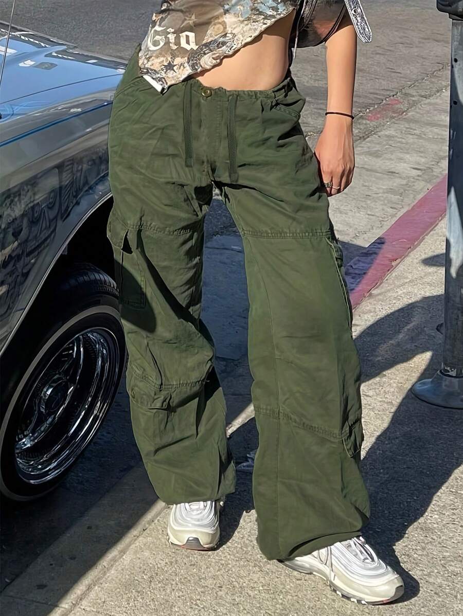 素色腰部抽繩工裝褲 - 軍綠色 - 查看 1