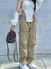 GILIPUR Pantalones cargo unicolor con bolsillo lateral con solapa - Caqui - Ver 1