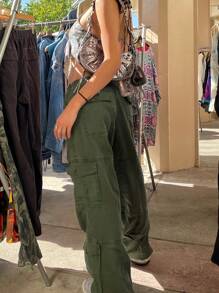 素色腰部抽繩工裝褲 - 軍綠色 - 查看 2