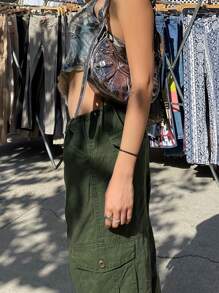 素色腰部抽繩工裝褲 - 軍綠色 - 查看 4