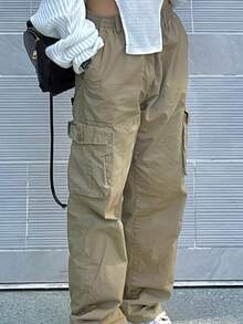 GILIPUR Pantalones cargo unicolor con bolsillo lateral con solapa - Caqui - Ver 4