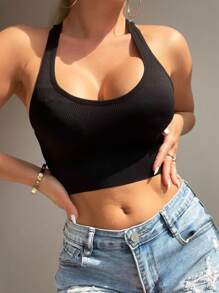 Solid Criss Cross Back Crop Top - Black - View 2