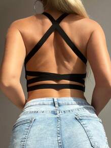 Solid Criss Cross Back Crop Top - Black - View 4