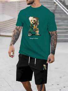 Manfinity LEGND 男士熊和字母圖案T恤和短褲 - 墨綠色 - 查看 1
