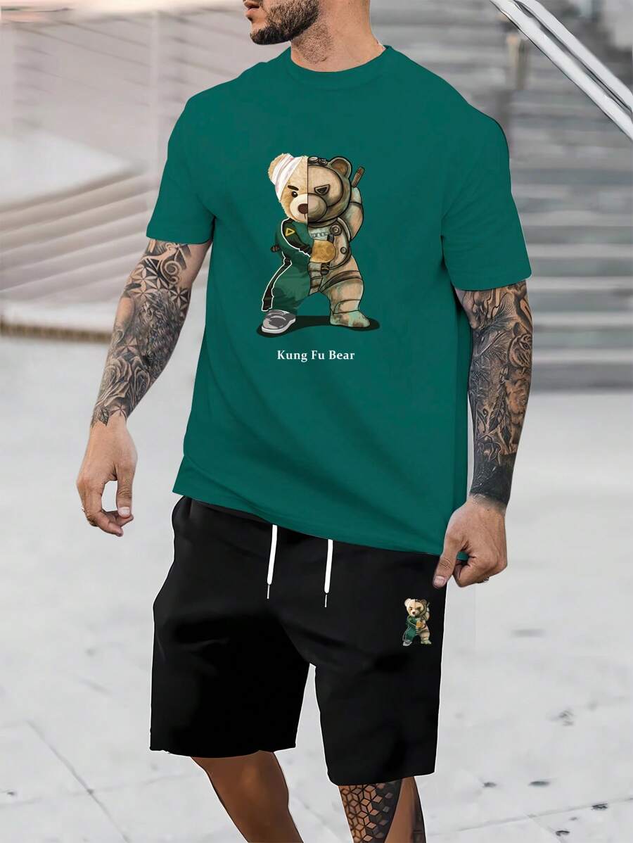 Manfinity LEGND 男士熊和字母圖案T恤和短褲 - 墨綠色 - 查看 1