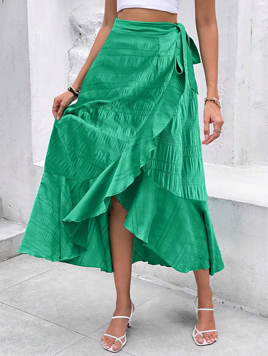 SHEIN Clasi 荷葉邊圍裹側打結半身裙 - 綠色 - 查看 1