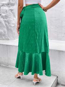 SHEIN Clasi 荷葉邊圍裹側打結半身裙 - 綠色 - 查看 2