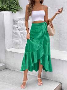 SHEIN Clasi 荷葉邊圍裹側打結半身裙 - 綠色 - 查看 4