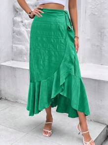 SHEIN Clasi 荷葉邊圍裹側打結半身裙 - 綠色 - 查看 6