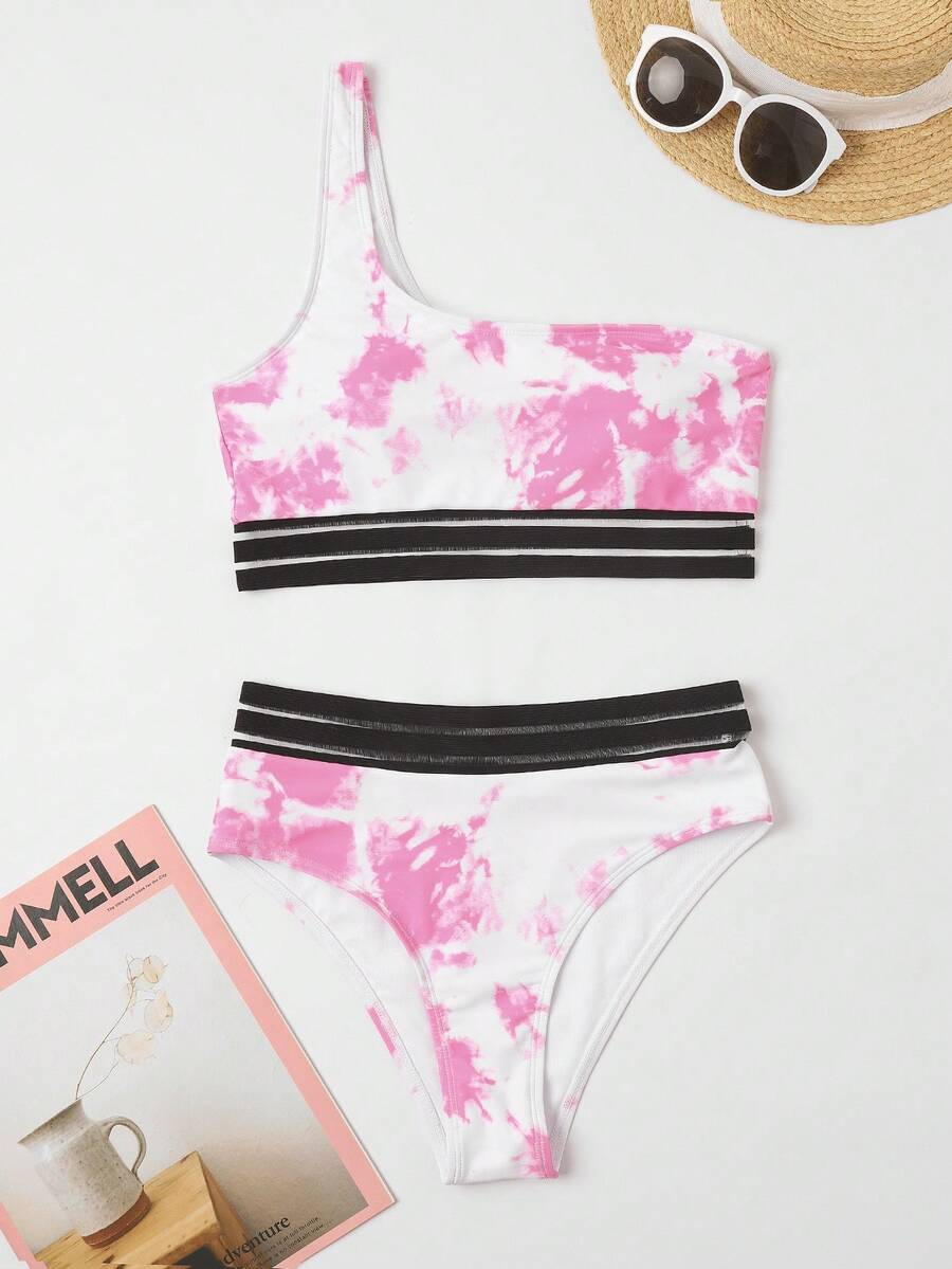 紮染單肩比基尼泳裝 - 粉色 - 查看 1