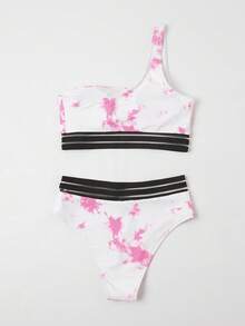 紮染單肩比基尼泳裝 - 粉色 - 查看 4