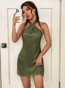 SHEIN EZwear 素色交叉掛脖洋裝 - 軍綠色 - 查看 1
