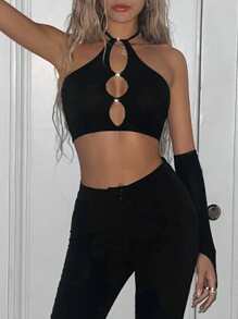 SHEIN X Antonella SHEIN ICON Cắt ra phía trước Áo Crop Halter Có tay áo - màu đen - Xem 2