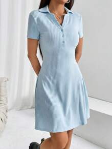 SHEIN EZwear Ribbed Knit Half Button Dress,Pastel Dresses For Women