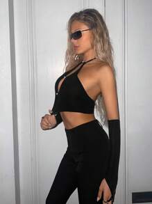 SHEIN X Antonella SHEIN ICON Cắt ra phía trước Áo Crop Halter Có tay áo - màu đen - Xem 5