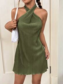 SHEIN EZwear 素色交叉掛脖洋裝 - 軍綠色 - 查看 4