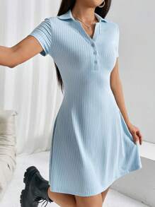 SHEIN EZwear Ribbed Knit Half Button Dress,Pastel Dresses For Women