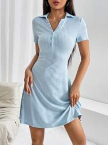 SHEIN EZwear Ribbed Knit Half Button Dress,Pastel Dresses For Women