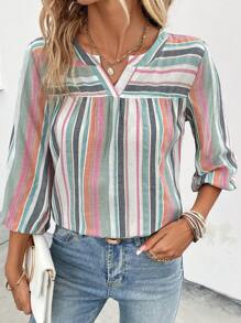 SHEIN LUNE 條紋圖案缺口領襯衫 - 彩色 - 查看 1