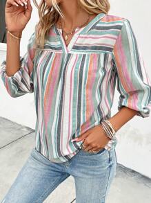 SHEIN LUNE 條紋圖案缺口領襯衫 - 彩色 - 查看 4