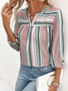 SHEIN LUNE 條紋圖案缺口領襯衫 - 彩色 - 查看 5