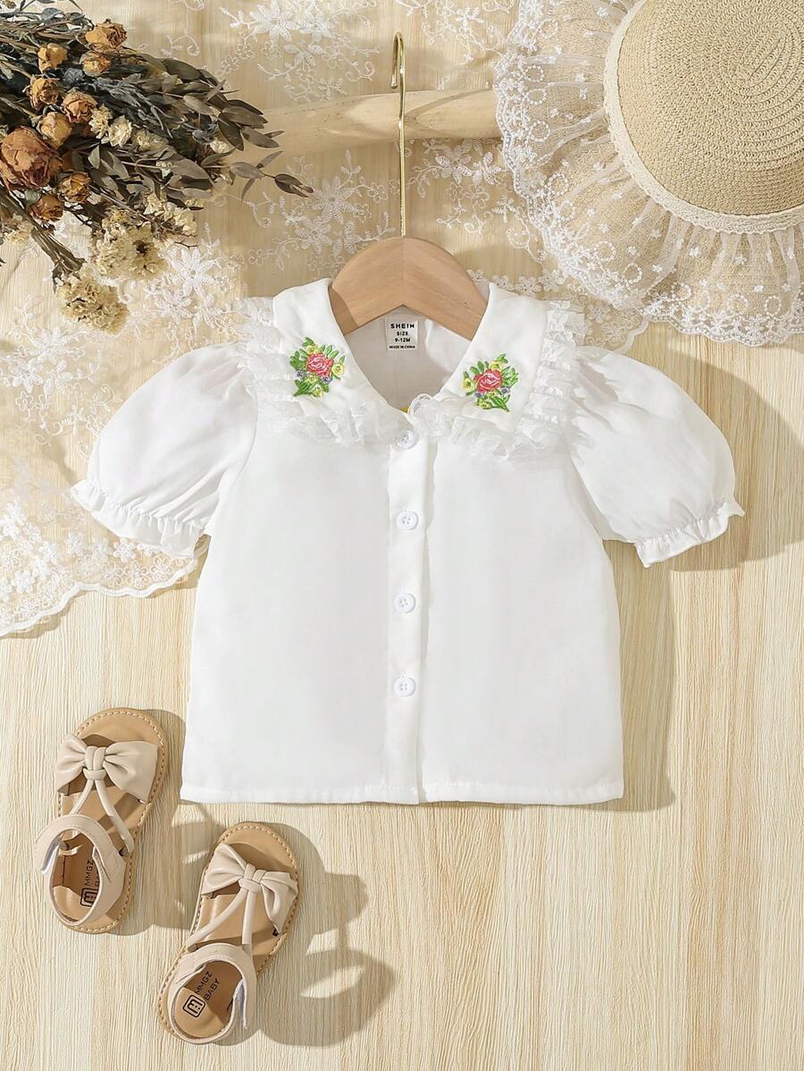 SHEIN Baby Girls' Elegant White Embroidered Blouse With Peter Pan Collar - White - View 1