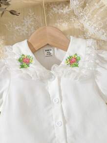 SHEIN Baby Girls' Elegant White Embroidered Blouse With Peter Pan Collar - White - View 4