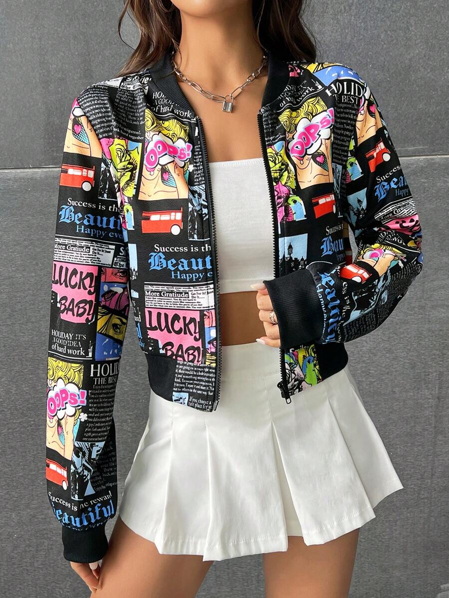 SHEIN EZwear Slogan Graphic Zip Up Bomber Jacket In Fall/Winter - Multicolor - View 1