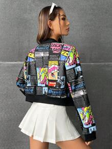 SHEIN EZwear Slogan Graphic Zip Up Bomber Jacket In Fall/Winter - Multicolor - View 2