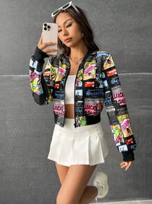 SHEIN EZwear Slogan Graphic Zip Up Bomber Jacket In Fall/Winter - Multicolor - View 4