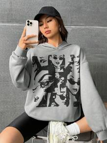 SHEIN EZwear Figure Graphic Drop Shoulder Hoodie - Grey - View 1