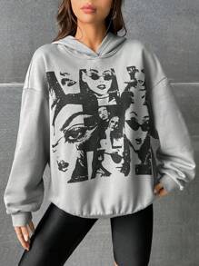 SHEIN EZwear Figure Graphic Drop Shoulder Hoodie - Grey - View 3