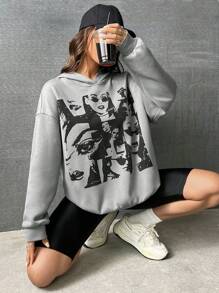 SHEIN EZwear Figure Graphic Drop Shoulder Hoodie - Grey - View 6