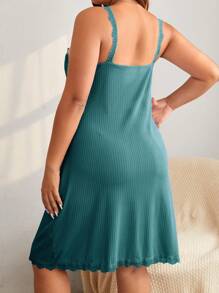 SHEIN Plus Lace Trim Button Front Cami Pajama Nightdress - Teal Blue - View 2