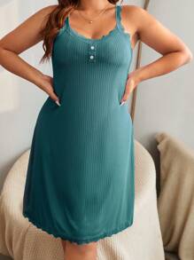 SHEIN Plus Lace Trim Button Front Cami Pajama Nightdress - Teal Blue - View 4