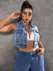 SHEIN ICON 大碼翻蓋口袋前紐扣短款牛仔上衣 - 中等水洗藍 - 查看 3